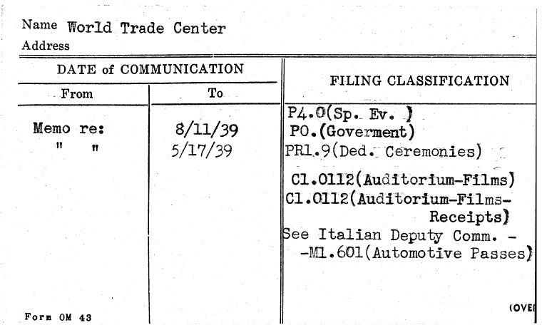 1939 World’s Fair — World Trade Center Filing Card
