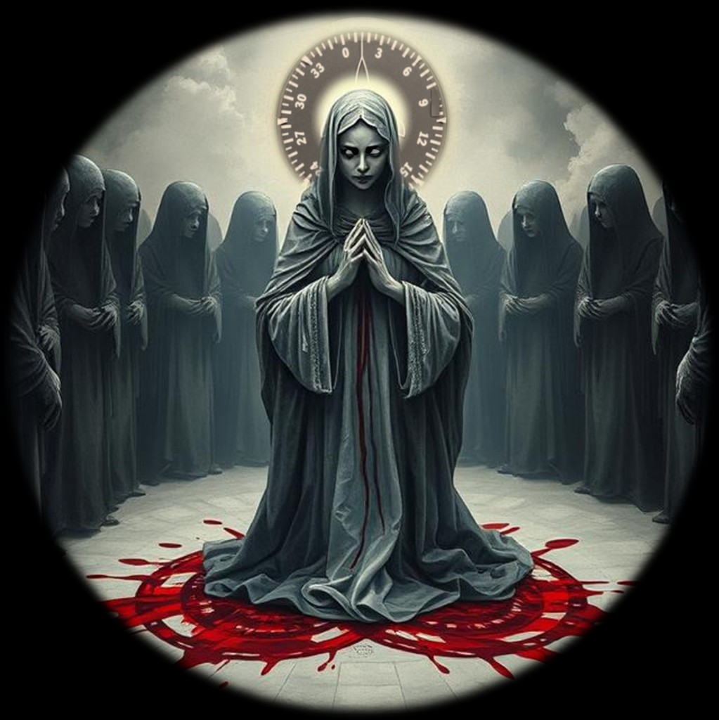 Artwork for The Curse of St. Lindbergh — a hooded figure with a dial halo standing in a pool of blood