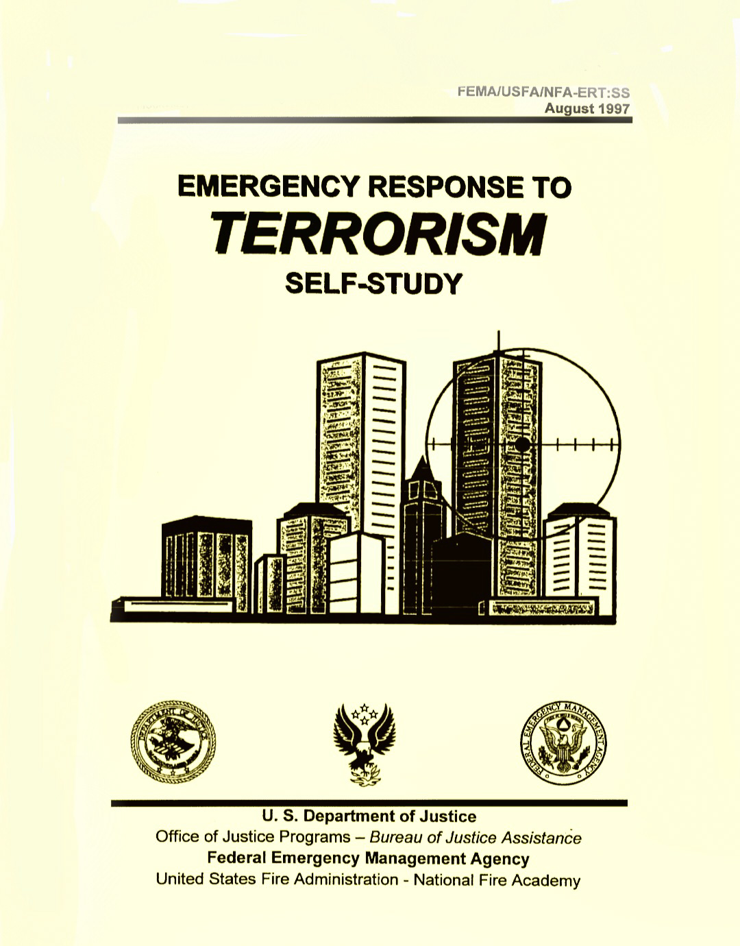 Cover of Emergency Response to Terrorism Self-Study, FEMA, August 1997, showing a target over the World Trade Center skyline