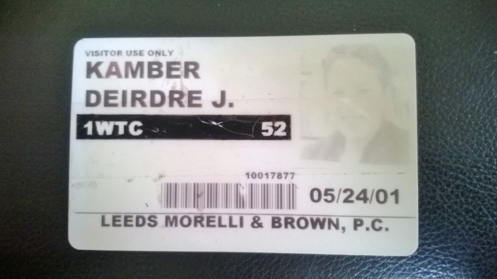 Visitor pass for Deirdre J. Kamber, 1 World Trade Center, 52nd floor, May 24, 2001