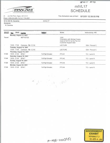 Moussaoui Flight Academy Schedule — Government Exhibit